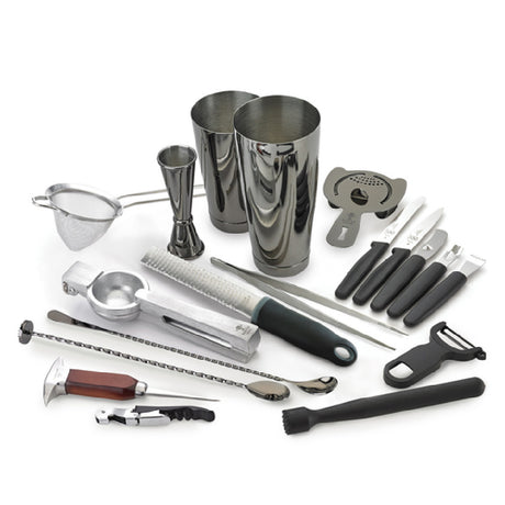 Krowne KR-BK2 Krowne Deluxe Gun Metal Black 18-piece Cocktail Kit (Includes 1 Each Of The Following: Cocktail Shaker Set Fine Mesh Strainer 9-3/8" Straight Tongs 11-13/16" Bar Spoon With Muddler End Spring Bar Strainer 1oz. X 2oz. Jigger 13-3/16" 