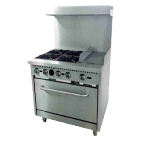 Serv-Ware SGR-4B-12G - Serv-Ware - Gas Cooking - 36" Range With Four (4) Open Burners & 12" Griddle - Dimensions: 36" W X 32.6" D X 60" H - Temperature Range: 250°F - 550°F - BTU/H: 30,000 Per Burner - # Of Burners: 4 - Gas Line: 3/4 - W.C. For Natural Gas: 4 In. - W.C. For LP: 10 In. - Materials: Stainless Steel Front
