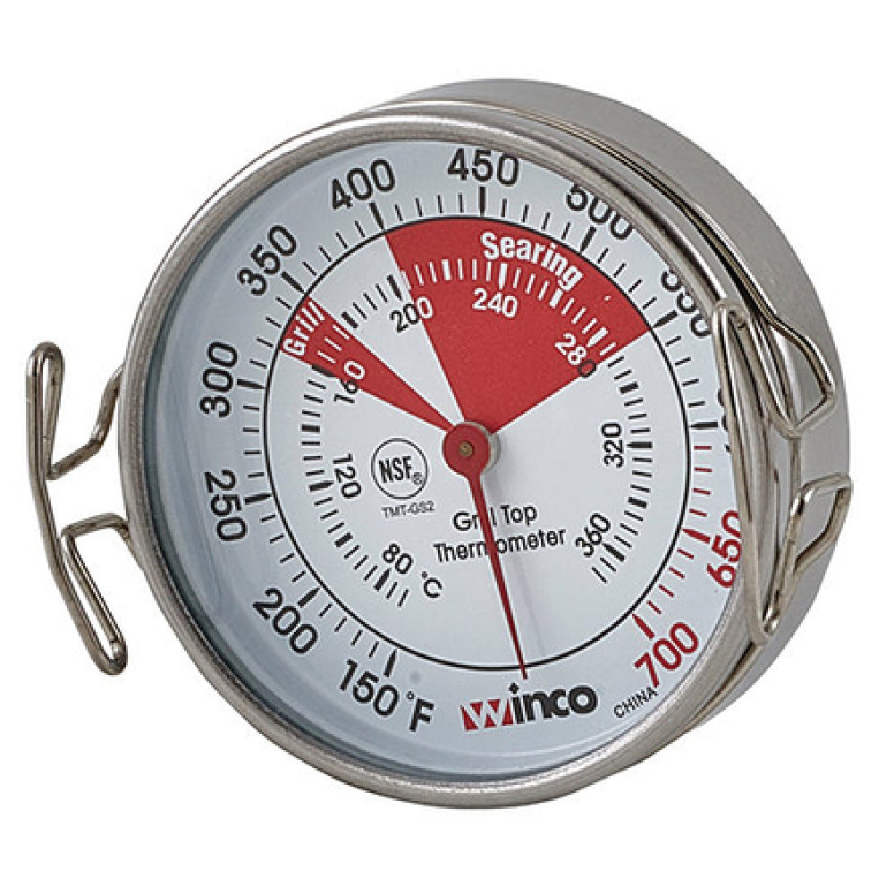 Winco TMT-GS2 Grill Surface Thermometer 150° To 700°F (70° To 370°C) 2" Dia. Dial Face With Pot Clip