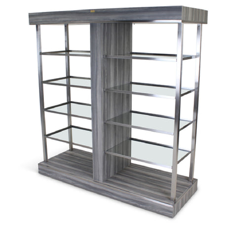 Forbes Industries 6583 Century Rolling Display (Executive) Dual Sided Access With Laminate Exterior And 1.5” Brushed Stainless Steel Support Posts. Unit Has Eight Full Length Glass Shelves With A Protective Brushed Stainless Steel Perimeter