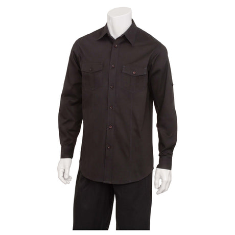 Chef Works DPDSBLKM Men's Pilot Shirt Roll-up Long Sleeves With Button Tab 2-button Cuffs