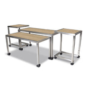 Forbes Industries 7407HD - Claremont Four Nesting Tables (Elite-Heavy Duty), Four Tables (one Large Rectangle Table: 72” X 30" X 40”, One Medium Rectangle Table: 66” X 30 X 36.5” And Two End Tables: 30” X 30" X 44"). Brushed Stainless Steel Tube (2" Square) Frames With INSET Acacia Driftwood Tops