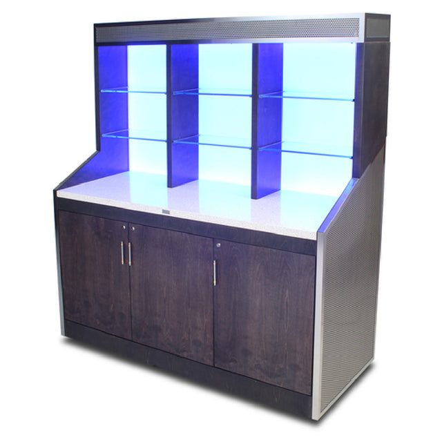 Forbes Industries 5874 Alchemy Back Bar 70"W X 27"D X 77-1/2"H Wood Veneer Cabinet With Perforated Brushed Stainless Steel Accents On Sides & Top