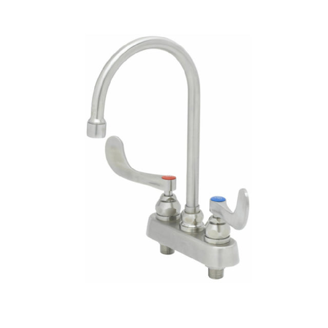 T&S Brass S-1141-04 EverSteel 4" Stainless Steel Deck Mount Workboard Faucet With 4" Stainless Steel Wrist Action Handles