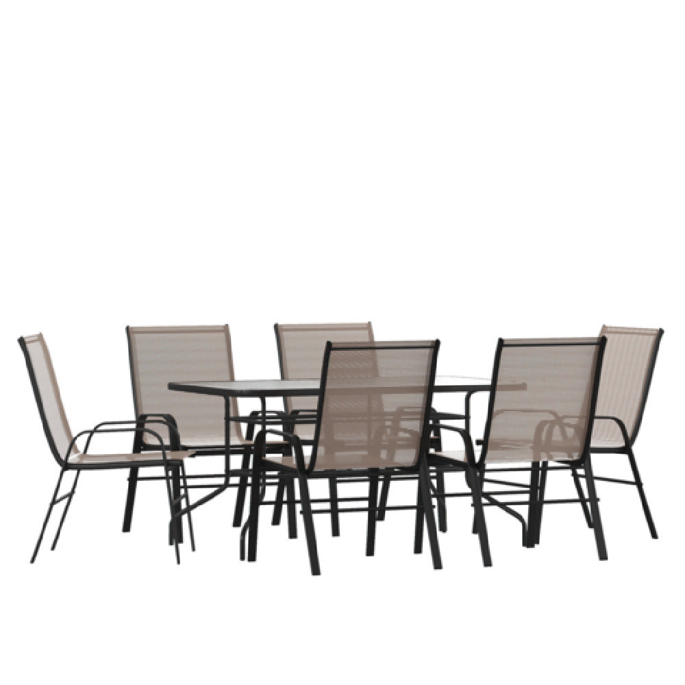 Flash Furniture TLH-089REC-303CBN6-GG Brazos 7 Piece Outdoor Patio Dining Set 55" Tempered Glass Patio Table With Umbrella Hole