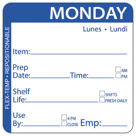 Hubert 14930 - Flex-Temp Food Rotation Label, "Monday", 2" X 2"