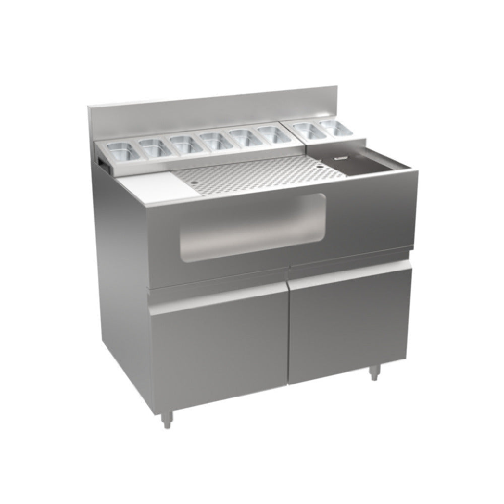 Krowne AL24-LAB38-D Alchemy Series “The Thirty-Eight Lab” Is An Innovative Mise-en-place Station With A Generous 28” Wide Perforated Cocktail Prep/cutting Board Area And An Integrated Garnish Station Above A Fully Insulated Horizontal Well. Also