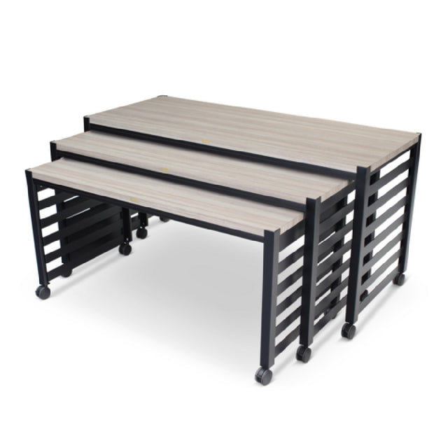 Forbes Industries 7438HD - Fiji Series Nesting Tables (Elite-Heavy Duty), Three Tables (one Large Rectangle Table: 72” X 30" X 36”, One Medium Rectangle Table: 66” X 30 X 33” And One Small Table: 60” X 30" X 30"). Powder Epoxy Painted Steel Frames And INSET Acacia Driftwood Tops