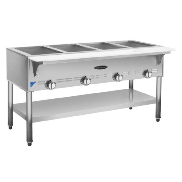 Serv-Ware SWGST-4 - Serv-Ware - Gas Cooking - 4 Bay Gas Steam Table - Natural Gas - 58.35"W X 22.5"D X 33.15"H - (4) Open Wells (accommodates Standard Size Pans) - Individual Control Valve Per Well - Cast Iron Burners - Removable 7" Cutting Board - Stainless Steel Open Base With Undershelf