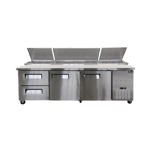 Omcan 49299 (PT-CN-2400-2D) Refrigerated Pizza Prep Table Three-section Side Mount Self-contained Refrigeration