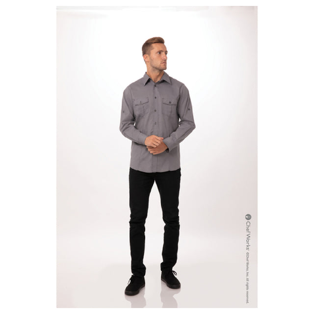 Chef Works DPDSGRY3XL Men's Pilot Shirt Roll-up Long Sleeves With Button Tab 2-button Cuffs