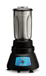The Waring BB145S BevBasix Bar Blender features a 32 oz. stainless steel container, black base, control dial, and blue BevBasix label, shown isolated on a black background.