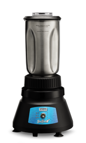 The Waring BB145S BevBasix Bar Blender features a 32 oz. stainless steel container, black base, control dial, and blue BevBasix label, shown isolated on a black background.