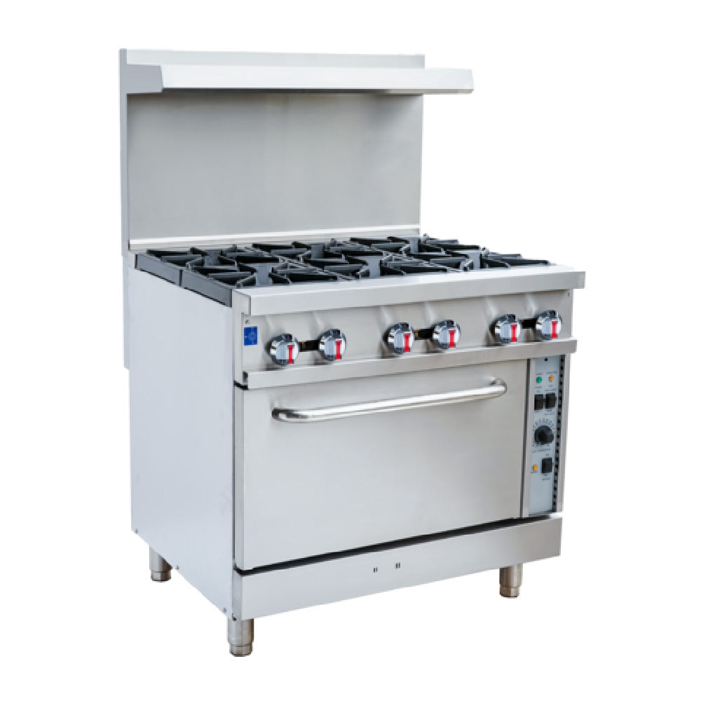 Serv-Ware SGR-6B-C - Serv-Ware - Gas Cooking - 36" Gas Range With Six (6) Open Burners & Convection Oven - Natural Gas - Dimensions: 36" W X 35" D X 60" H - Temperature Range: 250°F - 550°F - Gas Line: 3/4 - W.C. For Natural Gas: 4 In. - W.C. For LP: 10 In. - Voltage: 120 - Hz: 60 - Phase: 1 - Materials: Stainless Steel Front