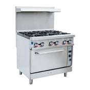 Serv-Ware SGR-6B-C - Serv-Ware - Gas Cooking - 36" Gas Range With Six (6) Open Burners & Convection Oven - Natural Gas - Dimensions: 36" W X 35" D X 60" H - Temperature Range: 250°F - 550°F - Gas Line: 3/4 - W.C. For Natural Gas: 4 In. - W.C. For LP: 10 In. - Voltage: 120 - Hz: 60 - Phase: 1 - Materials: Stainless Steel Front