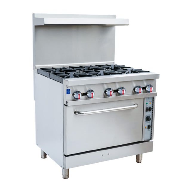 Serv-Ware SGR-6B-C - Serv-Ware - Gas Cooking - 36" Gas Range With Six (6) Open Burners & Convection Oven - Natural Gas - Dimensions: 36" W X 35" D X 60" H - Temperature Range: 250°F - 550°F - Gas Line: 3/4 - W.C. For Natural Gas: 4 In. - W.C. For LP: 10 In. - Voltage: 120 - Hz: 60 - Phase: 1 - Materials: Stainless Steel Front