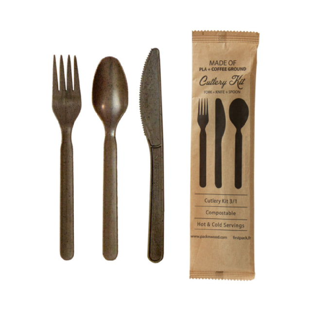 PacknWood 210CVPL317CO - Cutlery Kit With Kraft Bag (Knife, Fork, Spoon), 7"L, Coffee Ground