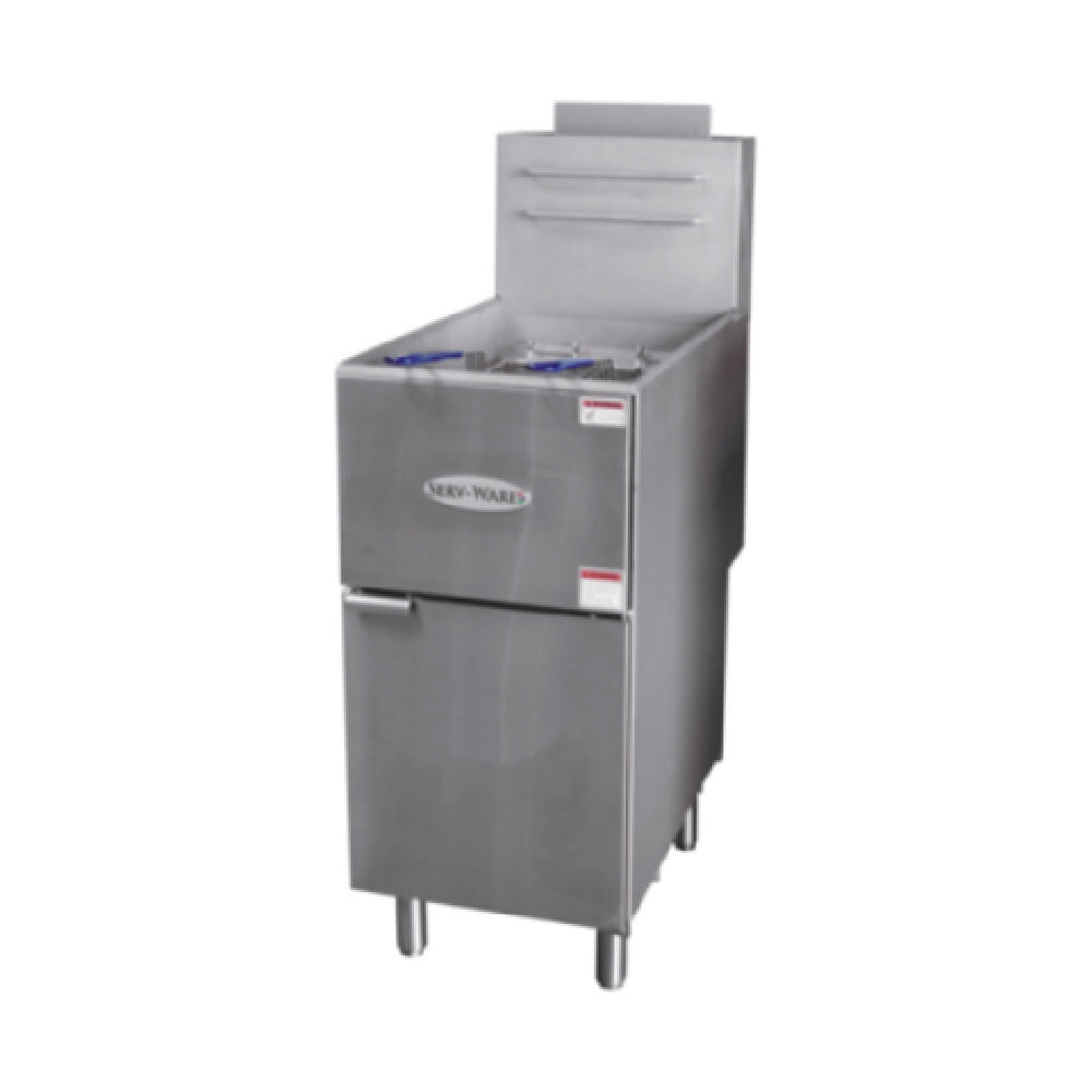 Serv-Ware SGF-40L - Serv-Ware - Gas Cooking - 40 LB Deep Fryer - Liquid Propane - Dimensions: 15.5" W X 30.2" D X 46.5" H - Temperature Range: 200°F - 400°F - BTU/H: 30,000 Per Burner - # Of Burners: 3 - Gas Inlet: 1/2 In. - Gas Line: 3/4 - W.C. For Natural Gas: 4 In. - W.C. For LP: 10 In. - Easy Start Continuous Pilot