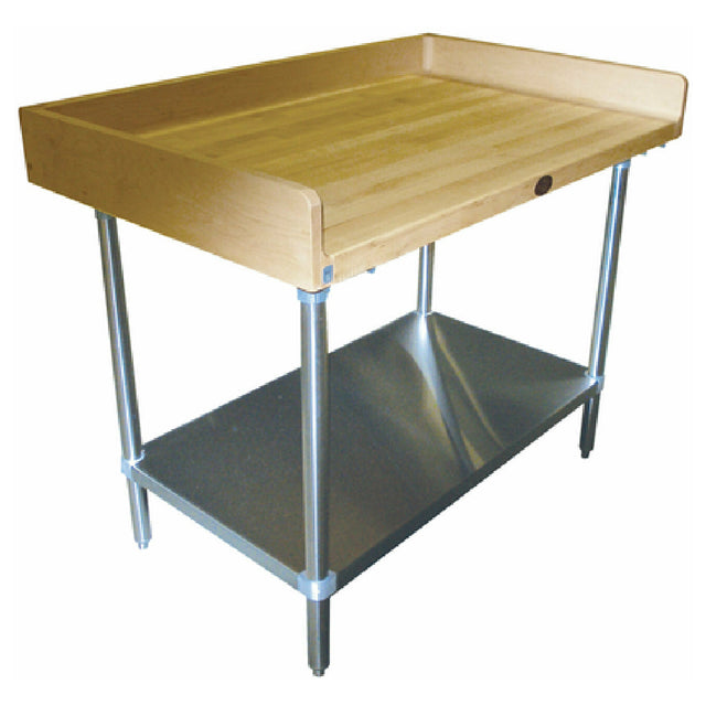 Advance Tabco BG-367 Bakers Top Work Table 84"W X 36"D 1-3/4" Thick Wood Top With 4" Splash At Rear & Both Sides