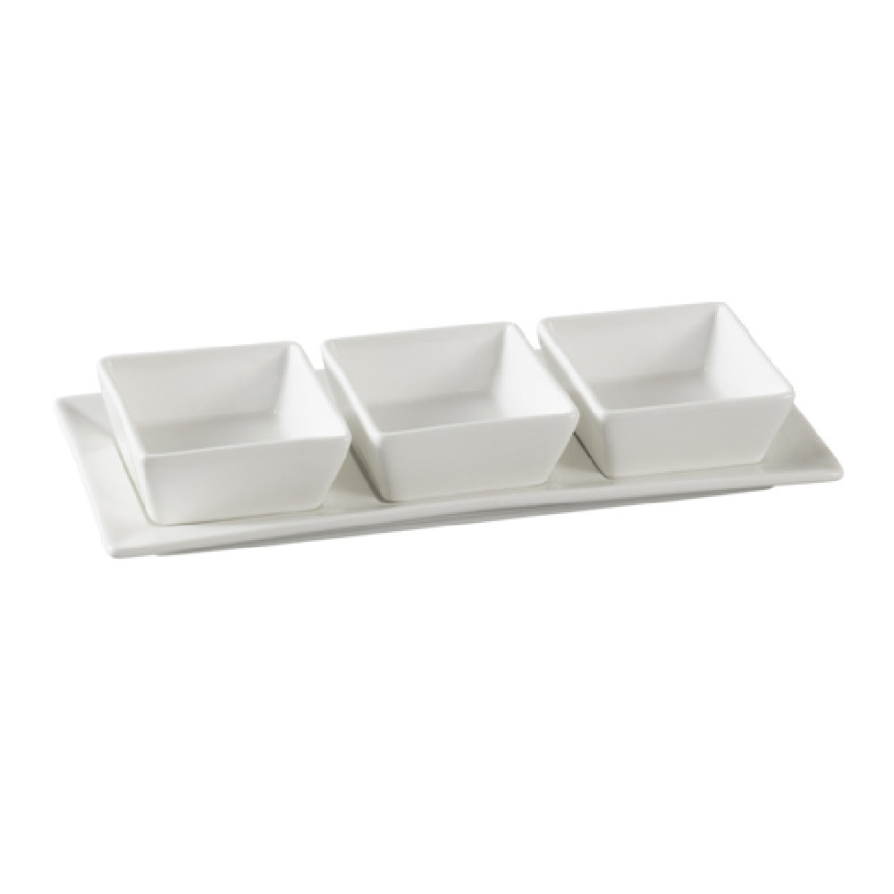 Yanco PS-724 Piscataway Bowl Set Includes (3) 3" 3 Oz. Square Bowls And 11" X 4-1/4" Rectangular Tray
