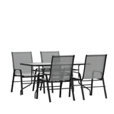 Flash Furniture TLH-089REC-303CGY4-GG Brazos 5 Piece Outdoor Patio Dining Set 55" Tempered Glass Patio Table With Umbrella Hole