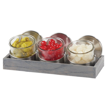 Cal Mil 1850-4-83 Ashwood Mixology Display Set 14-1/4"W X 6"D X 5"H Includes: (3) Round 16 Oz. Glass Jars With Silicone Lined Stainless Steel Lids