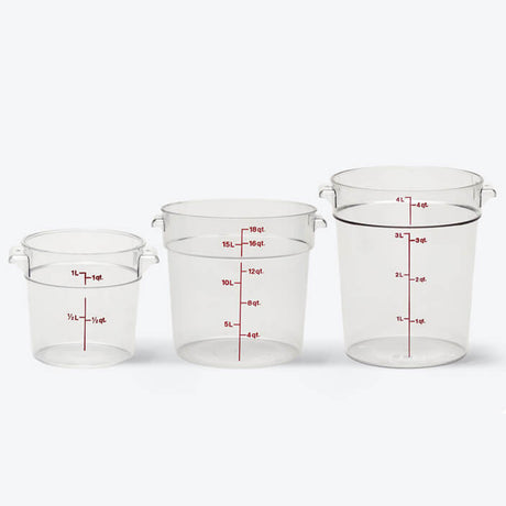 Clear commercial food storage containers with measurement markings in various sizes for kitchen organization and bulk storage