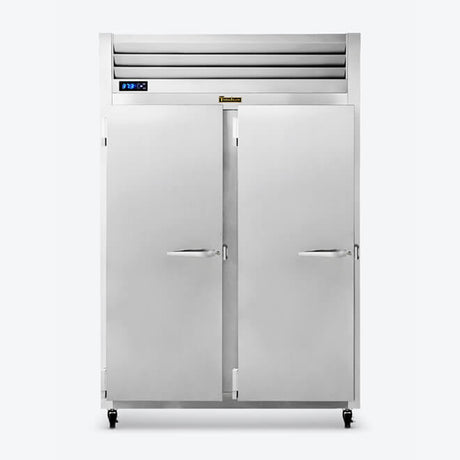 Stainless steel commercial reach-in double-door refrigerator with digital temperature control for reliable food storage