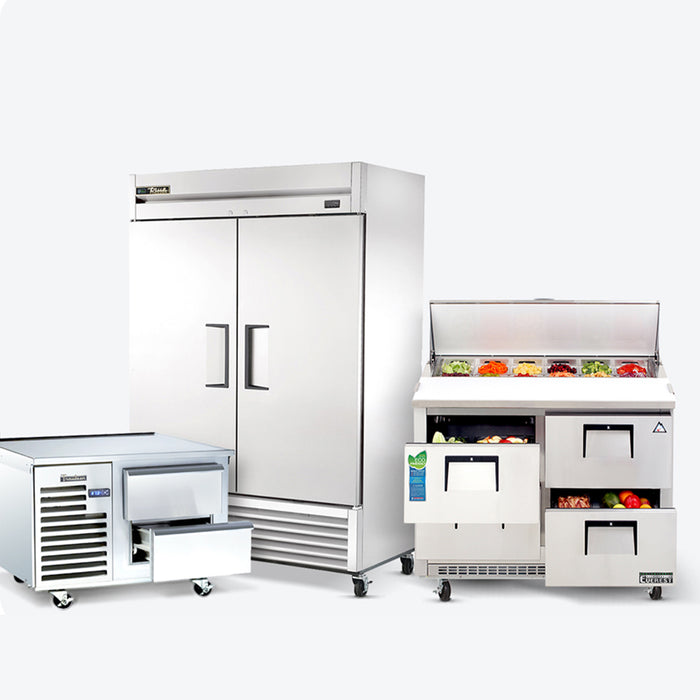 Commercial refrigeration and prep station equipment with stainless steel refrigerator, prep table, and undercounter freezer for efficient kitchen operations