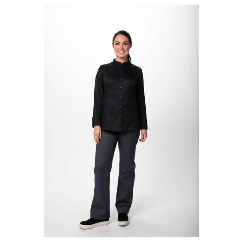 Chef Works CBS01W-BLK-XS Women's Tulum Chef Coat Raglan Long Sleeve Snap Front Closure