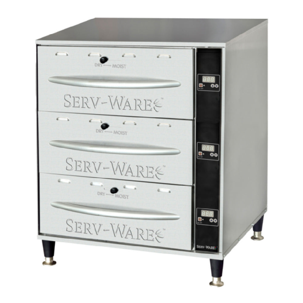 Serv-Ware SWPWDS-3 - Serv-Ware - Electric Cooking - 3 Drawer Warmer - Dimensions: 27.75" W X 21" D X 33.63" H - Temperature Range: 80°F - 220°F - Amps: 11.25 - Voltage: 120 - Hz: 60 - Phase: 1 - Watts: 1350 - Materials: Heavy Duty Stainless Steel Construction With 1" Thick Fiberglass For Maximum Insulation - Warranty: 1 Year