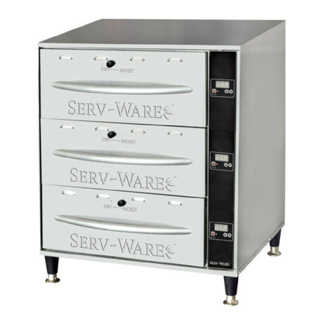 Serv-Ware SWPWDS-3 - Serv-Ware - Electric Cooking - 3 Drawer Warmer - Dimensions: 27.75" W X 21" D X 33.63" H - Temperature Range: 80°F - 220°F - Amps: 11.25 - Voltage: 120 - Hz: 60 - Phase: 1 - Watts: 1350 - Materials: Heavy Duty Stainless Steel Construction With 1" Thick Fiberglass For Maximum Insulation - Warranty: 1 Year