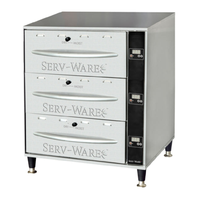 Serv-Ware SWPWDS-3 - Serv-Ware - Electric Cooking - 3 Drawer Warmer - Dimensions: 27.75" W X 21" D X 33.63" H - Temperature Range: 80°F - 220°F - Amps: 11.25 - Voltage: 120 - Hz: 60 - Phase: 1 - Watts: 1350 - Materials: Heavy Duty Stainless Steel Construction With 1" Thick Fiberglass For Maximum Insulation - Warranty: 1 Year
