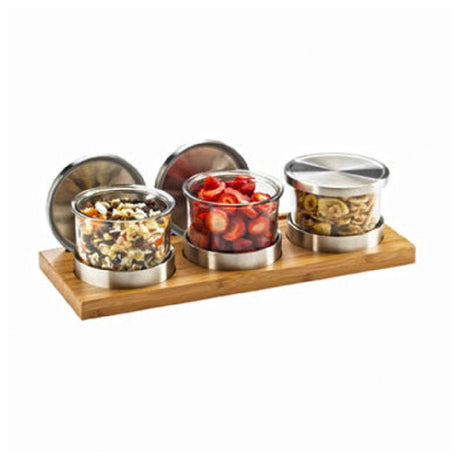 Cal Mil 1850-4-60 Cold Condiment Display 16"W X 6"D X 4"H (3) 16 Oz. Round Glass Jars With Silicone Lined Stainless Steel Solid Lids