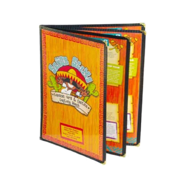 Menu Solutions SE350D_VINYL-BLACK Menu Jacket Holds 8-1/2" X 14" Insert Quad Pocket Booklet With 8 Views (binding On All Panels)