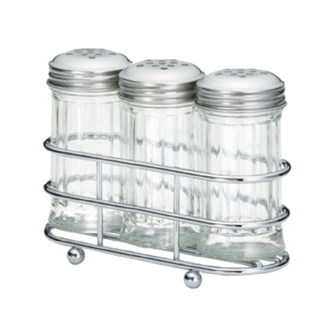 Tablecraft 659N Condiment Dispenser Set Includes (3) 2 Oz. Fluted Glass Shakers & (1) Chrome Plated Rack