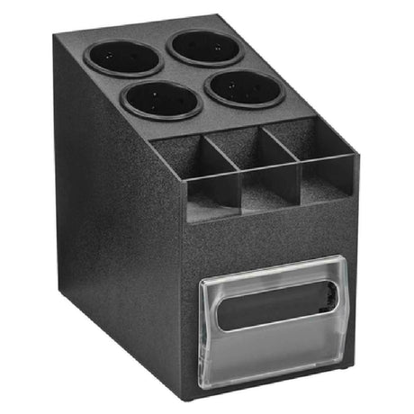 Vollrath CTNFO-06 Napkin Dispenser/Organizer 9-1/16"W X 19-1/4"D X 15-3/16"H Accommodates (100) Napkins (folded 5" X 6.2" Or 5.4" X 6 1.2") Includes: (3) Condiment Compartments & (4) Flaware Cylinder Organizers