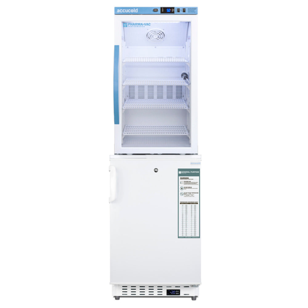 Summit ARG3PV-ADA305AFSTACK Accucold Stacked Refrigerator-Freezer With ADA305AF (all-freezer) & ARG3PV (all-refrigerator Reach-in 19"W 5.47 Cu. Ft. Capacity Bottom Mount Self-contained Refrigeration (1) Hinged Glass Door & (1) Hinged Solid Door (l