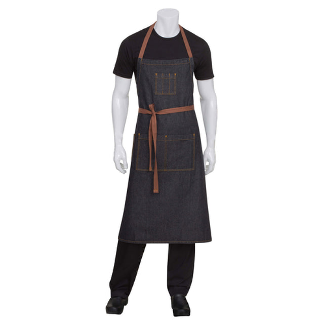 Chef Works AB036-BLK-0 Memphis Chef's Bib Apron 40"L X 35"W Contrast Topstitching