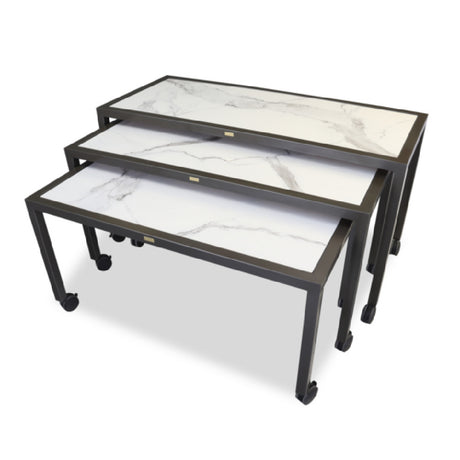 Forbes Industries 7408HD - Claremont Three Nesting Tables (Elite-Heavy Duty), Three Tables (one Large Rectangle Table: 72” X 30" X 40.25”, One Medium Rectangle Table: 66” X 30 X 36.5” And One Small Table: 60” X 30" X 32.5"). Brushed Stainless Steel Tube Frames (2" Square) With INSET Acacia Driftwood Tops