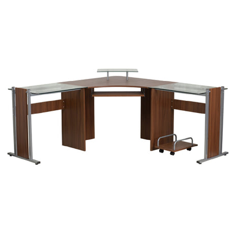 Flash Furniture NAN-WK-105-GG Corner Desk 95"W X 61-3/4"D X 34"H Overall (2) 27-1/2"W X 21-3/4"D X 29-1/2"D Teakwood Laminate Finish Top Desks With Glass Sides