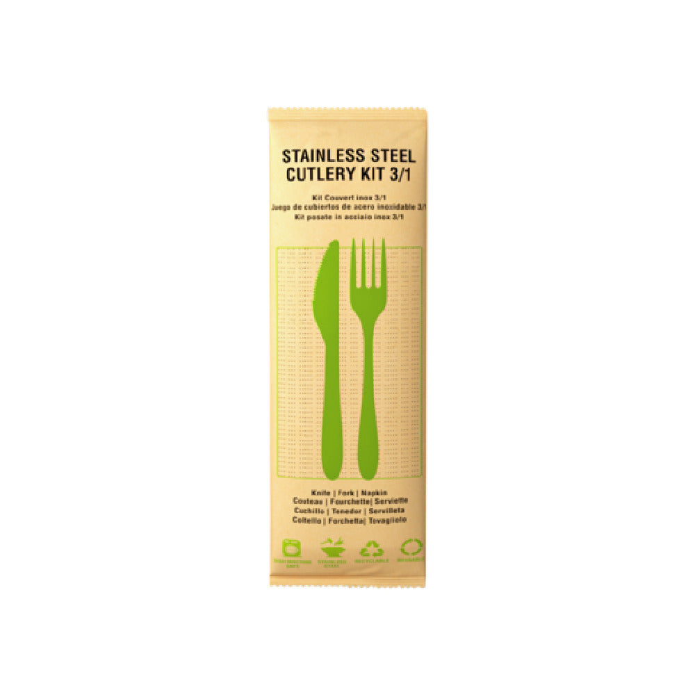 PacknWood 294KITINOX3 - Cutlery Kit With Paper Wrapped, 3/1,8-1/8", Stainless Steel