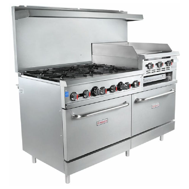 Empura Stainless EGR60-GS24/NAT Empura Natural Gas 60" Wide Stainless Steel 6-Burner Gas Range With Elevated 24" 3-Burner Right Side Griddle / Built In Salamander Broiler And 2 Full Sized Standard Ovens 302000 BTU