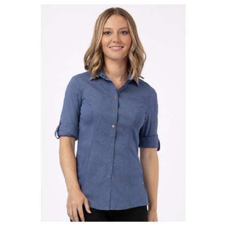 Chef Works SES02W-BLU-M Women's Seville Shirt Stretch Fabric Snap Front Closure