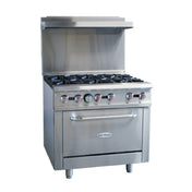 Serv-Ware SGR-6B - Serv-Ware - Gas Cooking - 36" Gas Range With Six (6) Open Burners - Natural Gas - Dimensions: 36" W X 32.6" D X 60" H - Temperature Range: 250°F - 550°F - BTU/H: 30,000 Per Burner - # Of Burners: 6 - Gas Line: 3/4 - W.C. For Natural Gas: 4 In. - W.C. For LP: 10 In. - Materials: Stainless Steel Front