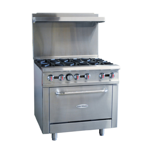 Serv-Ware SGR-6B - Serv-Ware - Gas Cooking - 36" Gas Range With Six (6) Open Burners - Natural Gas - Dimensions: 36" W X 32.6" D X 60" H - Temperature Range: 250°F - 550°F - BTU/H: 30,000 Per Burner - # Of Burners: 6 - Gas Line: 3/4 - W.C. For Natural Gas: 4 In. - W.C. For LP: 10 In. - Materials: Stainless Steel Front