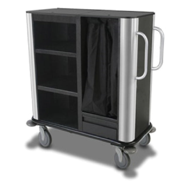 Forbes Industries 2277 Plastic INROOM Housekeeping Suite Cart Three Shelves In A 24" W X 19" D X 40" H Black Cabinet With Rounded Stainless Steel Corners And Vertical Handles