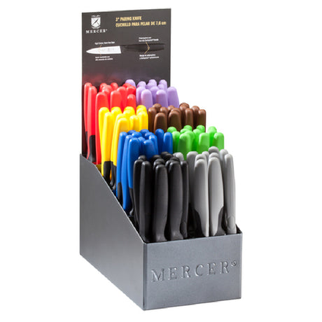 Mercer Culinary M23940 Millennia Color® Paring Knife Display 8-compartment Includes 96-count 3" Millennia® Paring Knives (12 Each: Black Blue Brown Green Purple Red Yellow And Gray Serrated)