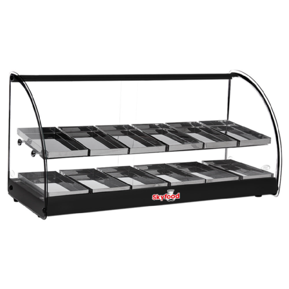 Skyfood Equipment FWD2-36BL Food Warmer Display Case 12-1/2"W X 14-3/8"D X 17-1/2"H (2) Shelves With (12) Stainless Steel Pans Per Shelf