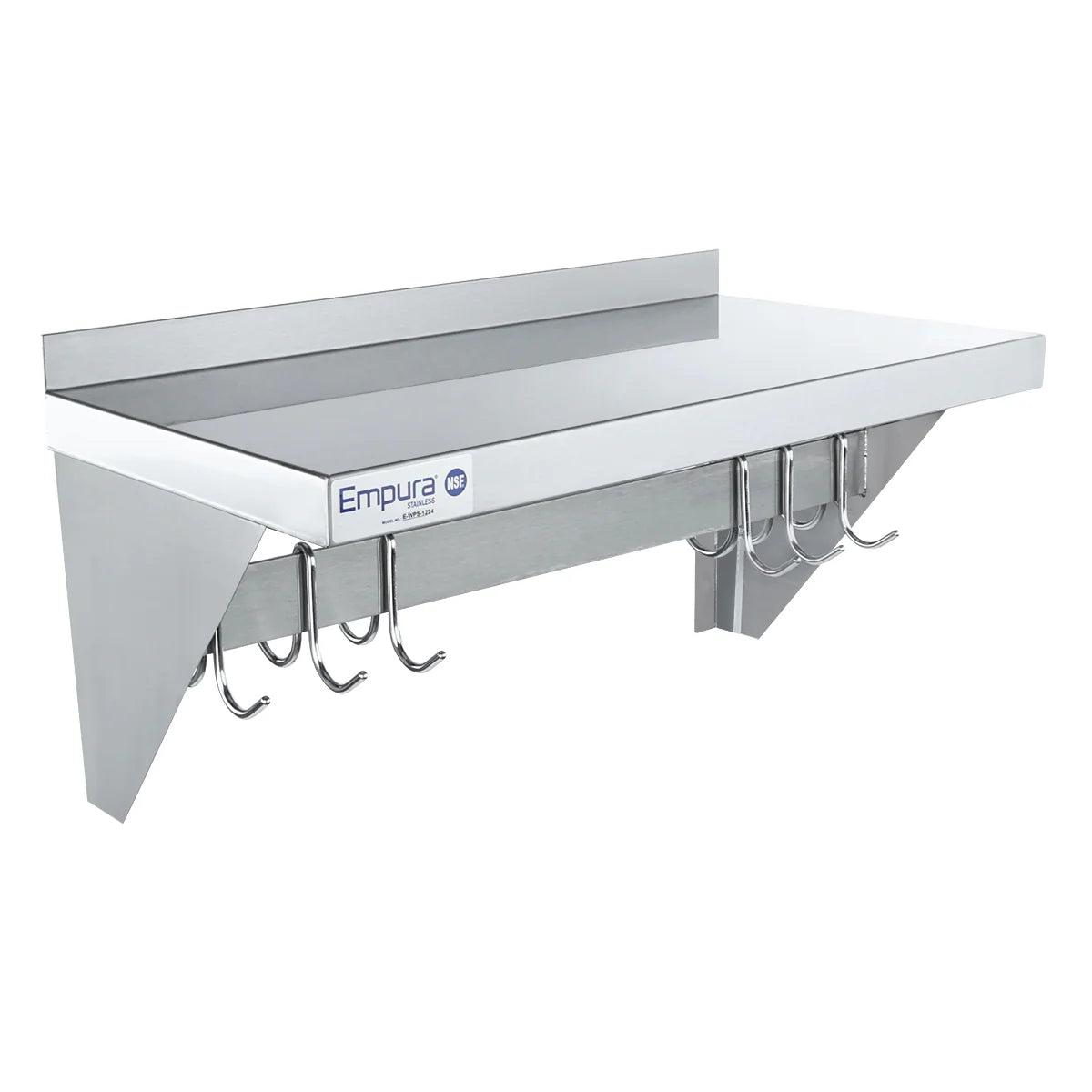 Empura Stainless E-WPS-1236 Pot Rack Wall-Mounted 36" X 12" Stainless Steel Wall Mounted Pot Rack With Shelf And 18 Gauge Galvanized Hooks